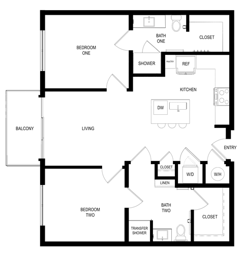 Floor plan for 2 beds, 2 baths, 1002 sqft